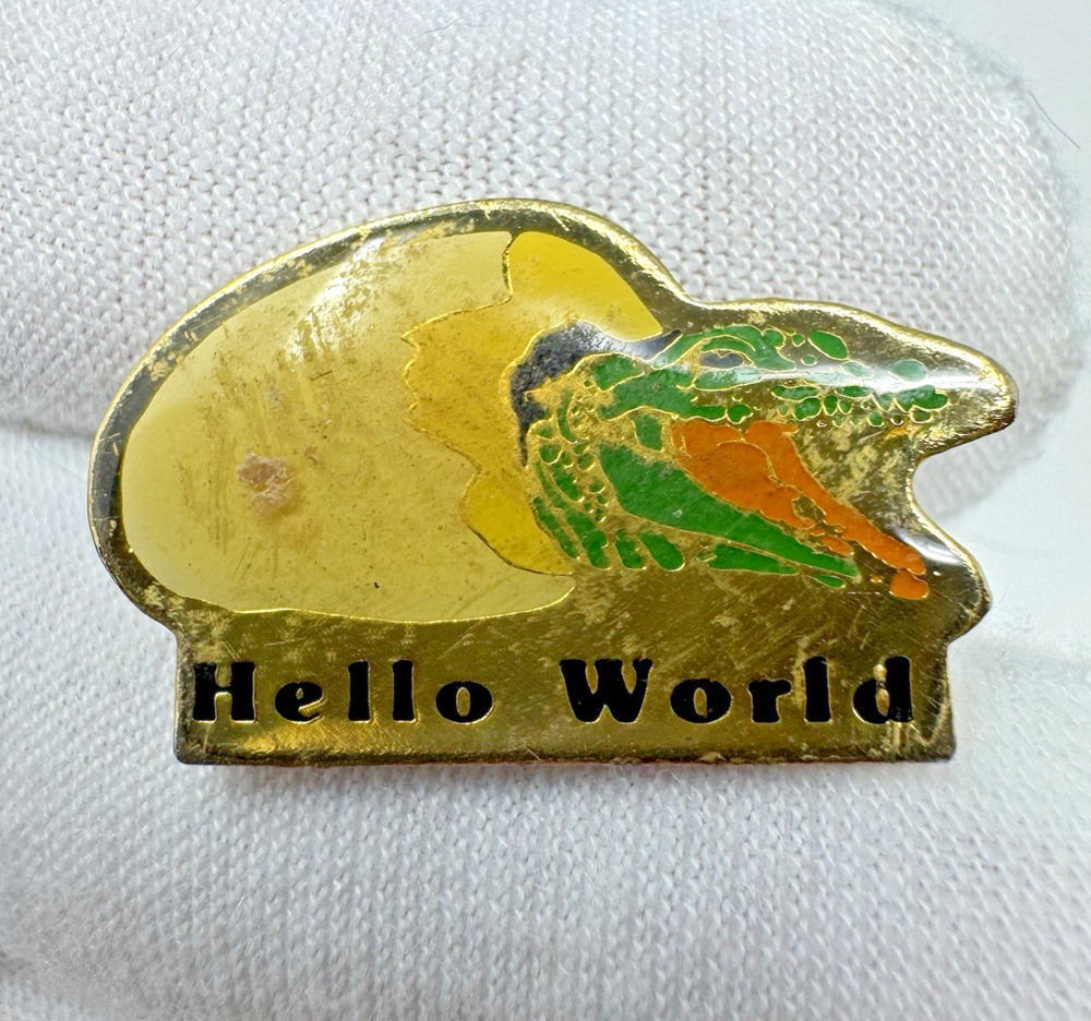 Vintage “Hello World” Dinosaur Hatching Pin – Enamel Lapel Pin Collectible Worn